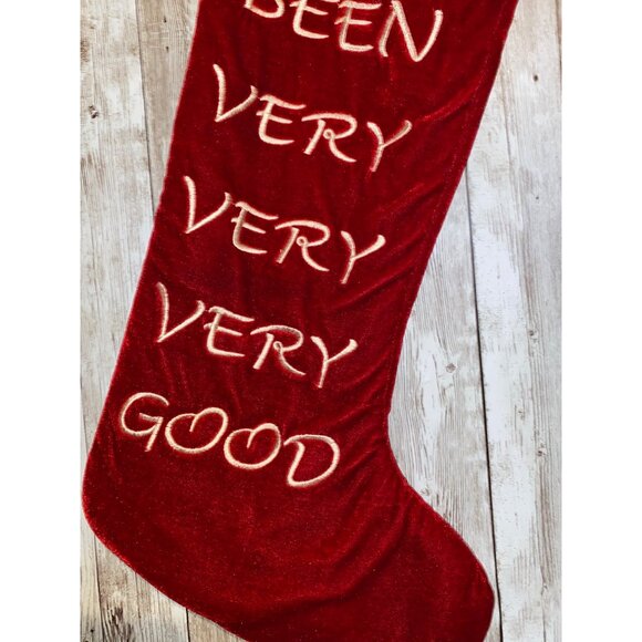 Red Velvet Christmas Stocking With Ive Been Very Very Very Very Good Embroidery - Picture 4 of 6